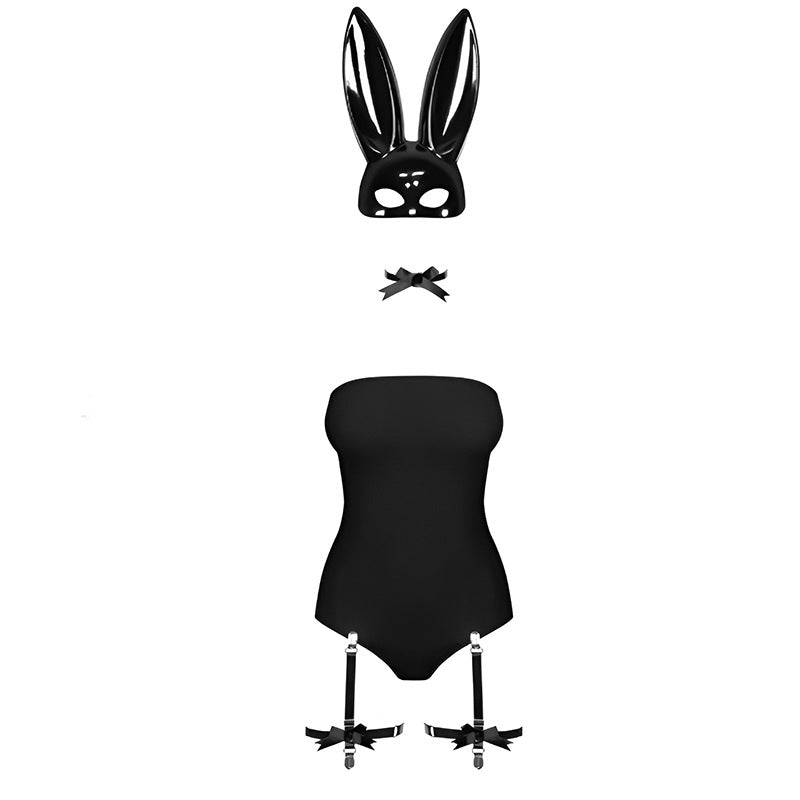 Black Bunny Costume Lingerie Set With Headband and Choker and Stockings - Alternate View