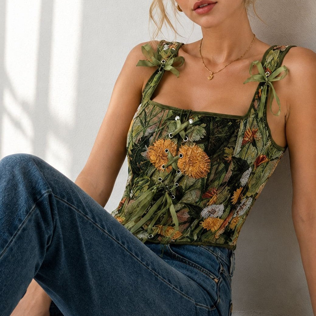 Green Floral Tie-Strap Corset Top, alternate view 3